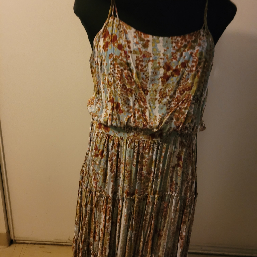 Free People Light Blue Floral Tiered Maxi Dress with Rust Accents
